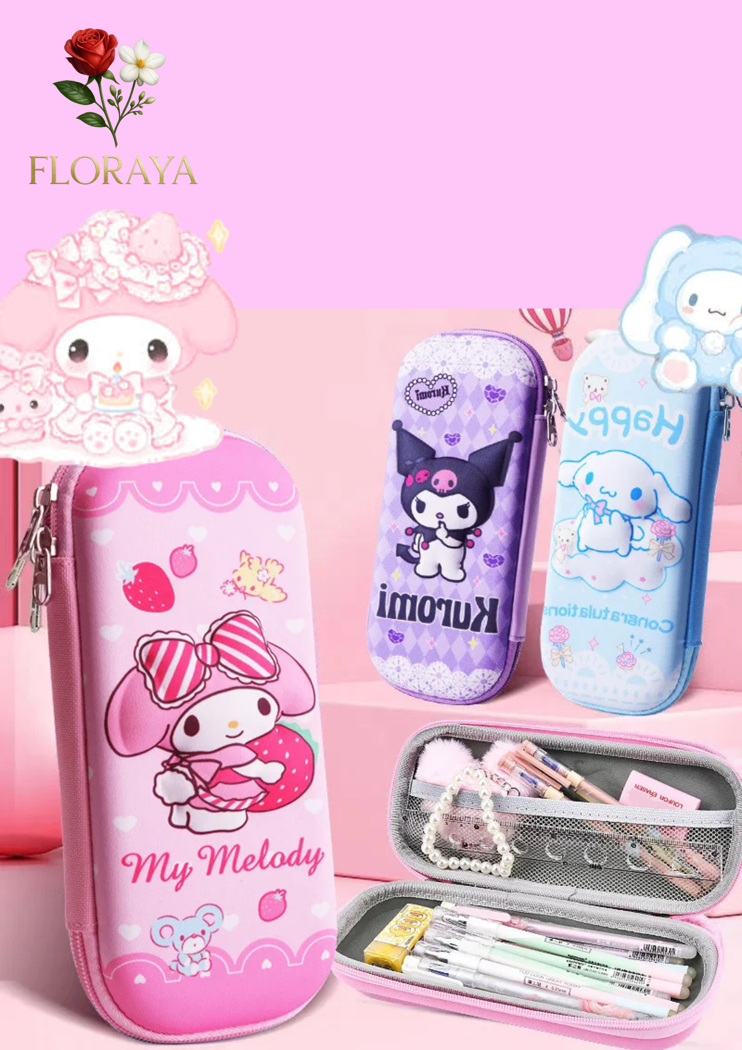 Astuccio Kawaii Sanrio 3D – Hello Kitty, Kuromi e Cinnamoroll | Grande Capacità, Design Adorabile per Studenti e Bambini 🎀